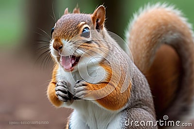 Close up of a red squirrel with open mouth on a blurred background Stock Photo