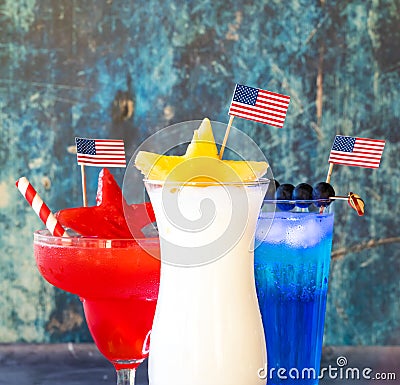 Close up of red, white and blue cocktails for a fourth of July celebration. Stock Photo