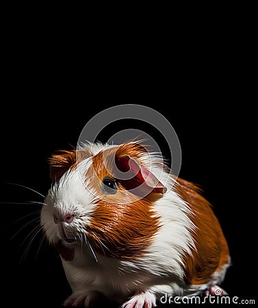 Close-up of red and white guinea pig isolated on black background with copy space Stock Photo