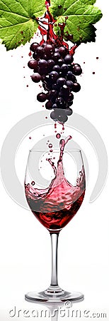 Close up of red wine dripping from grape cluster into wine glass. Generative Ai Stock Photo