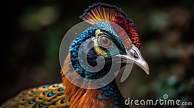 A close-up of a red and yellow peacock bird with a colorful fan of feathers created with Generative AI Stock Photo