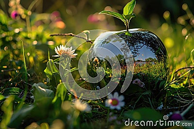 a close-up reflection of a scene of spring flowers in a green meadow, visible in a perfectly polished chrome apple lying on the Stock Photo