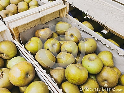 Close up of reinette grise du canada apples in wooden crates. Prepared for sale. Wooden b Stock Photo