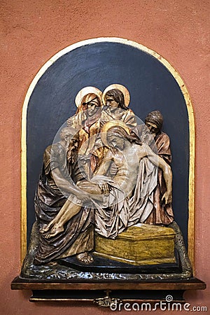 Close-up of the relief sculptures of Jesus in the Frankfurt Cathedral of St Bartholomaus in Germany Editorial Stock Photo