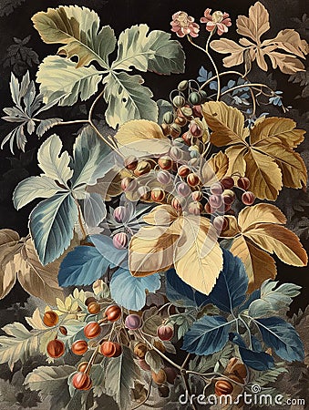 Close-up of a renaissance style drawing of a multi-leaf vine plant. AI generate Stock Photo