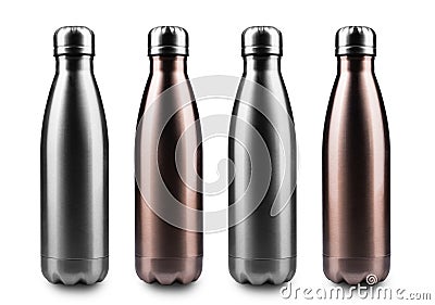 Close-up of reusable steel stainless thermo water bottles, isolated on white background. Stock Photo