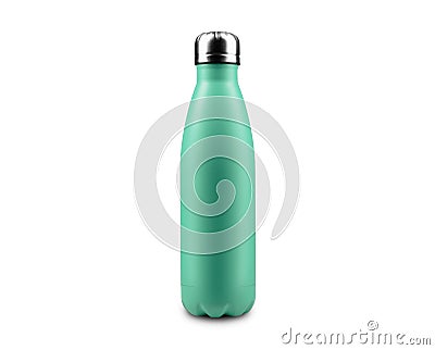 Close-up of reusable, steel thermo eco bottle for water, isolated on white background, color of Aqua Menthe. Stock Photo