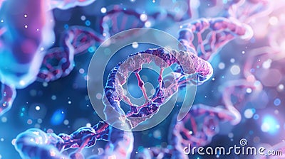 A close-up reveals cellular structures with visible nuclei and intricate DNA strands, showcasing the complexity of Stock Photo