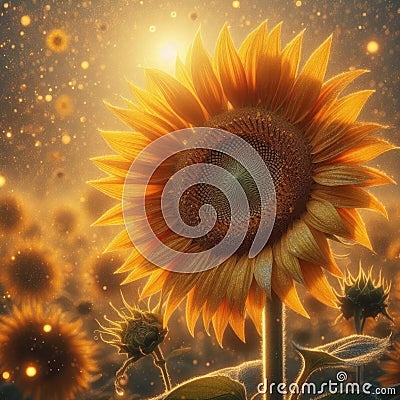 Close-up view of a sunflower head, with a field of sunflowers in background Stock Photo