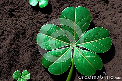 A close up of a four leaf clover on the ground. Stock Photo