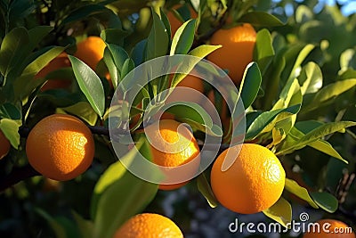ripe oranges hanging from a tree with green leaves in the background. Generative AI Stock Photo