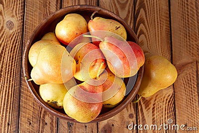 Close Pear Bowl Ripe Organic Pears Rustic Wood Top View Stock Photo