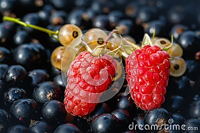 Close up ripe raspberry and yellow or white currant Stock Photo