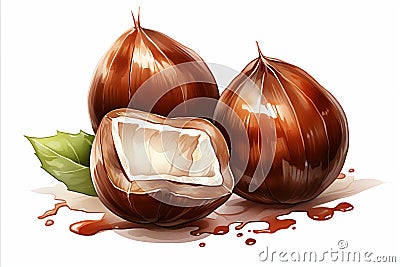 Close-up of Ripe Sweet Chestnuts. Freshly Husked, Delicious Seasonal Treat. Watercolour Drawing Stock Photo
