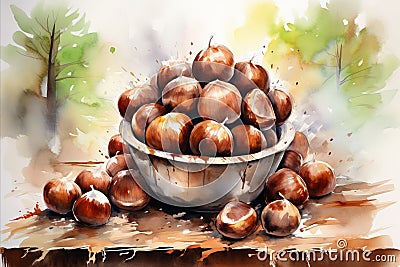 Close-up of Ripe, Sweet Edible Chestnuts - Freshly Harvested Autumn Nuts. Water Colour Drawing Stock Photo