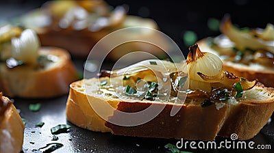 Close-up of roasted green garlic crostini Stock Photo