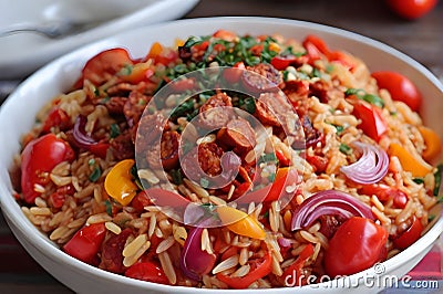 Close-up of Roasted pepper and chorizo orzo salad includes red peppers, red onion, chorizo, cherry tomatoes, and orzo pasta Stock Photo