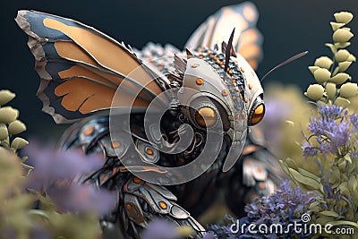 Close up of a robot butterfly sitting on a flower in the outdoor. Generative AI Stock Photo