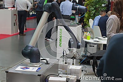 Close-up robot Doosan Arm, high-tech expo in Poland Editorial Stock Photo