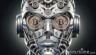Close up robot face with Bitcoin symbol in both eyes, digital world, crypto currency, generative ai, future concept, web3, Stock Photo