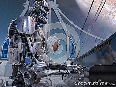 Close up of a robot and a woman playing piano with a big planet background Stock Photo