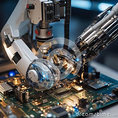 A close-up of a robotic arm assembling intricate microelectronics with precision1 Stock Photo