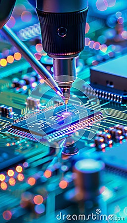 Close up of robotic arm carving designs on circuit board, showcasing advanced microelectronics tech Stock Photo
