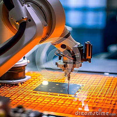 Close-up of a robotic arm in the factory delicately placing silicon wafers onto a production line. high-tech nature of solar cell Stock Photo