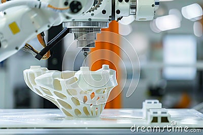 Closeup of a robotic arm removing a finished 3D printed part illustrating the integration of automation and digital manufactur Stock Photo