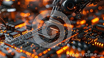 Close-up of robotic arm working on microchip - generative ai Stock Photo