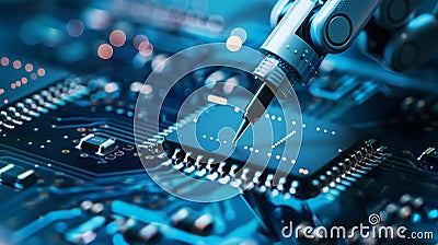 Close up of a robotic arm writing on a circuit board in a high tech microelectronics environment Stock Photo