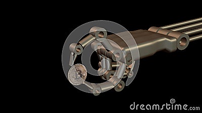 Close-up Of Robotic Hand Showing Bitcoin Coin. 3D Rendering Stock Photo