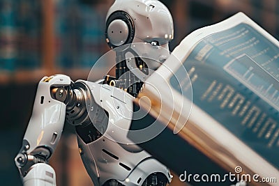 In a futuristic library, robot hands hold a tech book, symbolizing automation cybernetics AIG62 Stock Photo