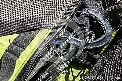 Close up of rock climbing gear inside a backpack Stock Photo