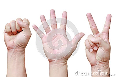 Close-up Rock ,Paper ,Scissors - hands isolated on white background Stock Photo