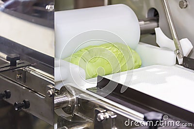 Close up roll dough material for chinese or asian food steamed stuffed buns and cylindrical die with belt conveyor of automatic Stock Photo