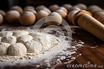 close-up of rolling pin flattening dough balls Stock Photo