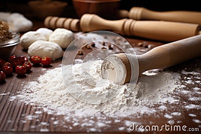 close-up of rolling pin flattening dough balls Stock Photo
