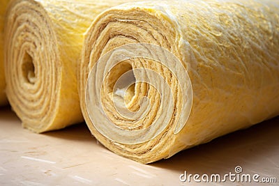 Close up of rolls of mineral wool filling used as isolation in wall Stock Photo