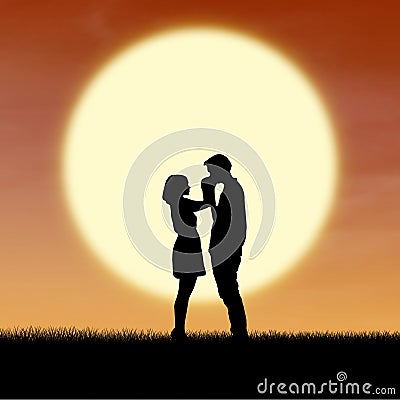 Close up romantic couple by sunset silhouette Stock Photo