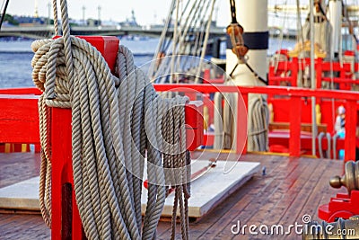 Masts and rigging of an old wooden sailboat. Details deck of the ship Stock Photo