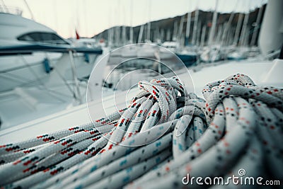 Close-up ropes and rigging on board the yacht in the sea marina. Stock Photo