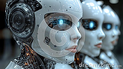 A close-up of a row of android robots Stock Photo