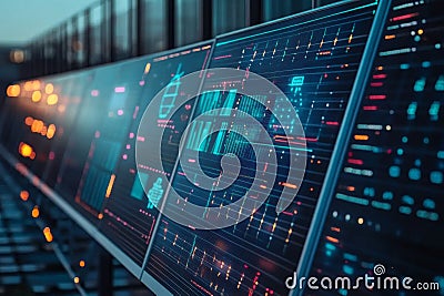Close-up of a Row of Monitors Displaying Futuristic Data and Graphical Interfaces Stock Photo