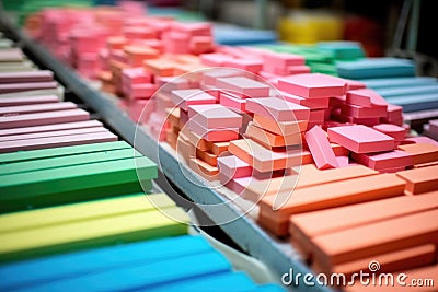 close-up of rubber erasers stacked up at the end of production line Stock Photo