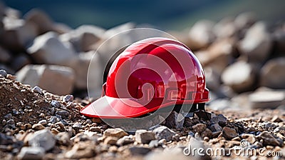 Close up of a ruby Working Helmet on Gravel. Blurred Construction Site Background Stock Photo