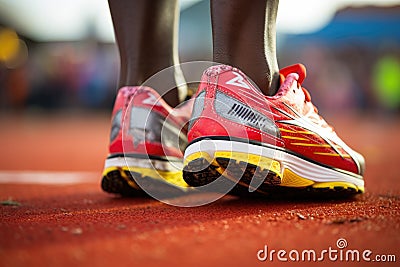 Close-up on running shoes of african man on race track in stadium Stock Photo