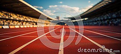 Close-up of a running track in a stadium with white striped markings. Stock Photo