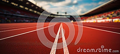 Close-up of a running track in a stadium with white striped markings. Stock Photo