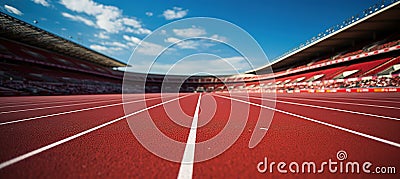 Close-up of a running track in a stadium with white striped markings. Stock Photo